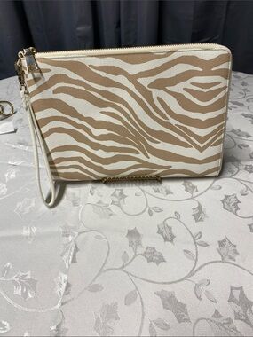 Chico's Beige and White Zebra-Print Wristlet Clutch